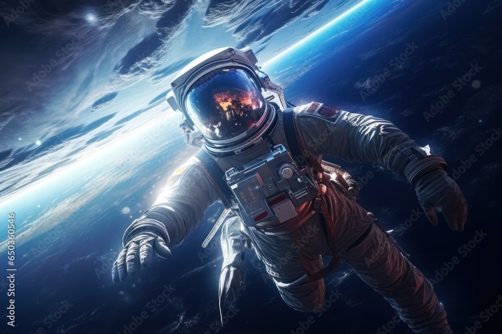 Poster a man in a space suit floating in the air. perfect for science fiction or space-themed designs.