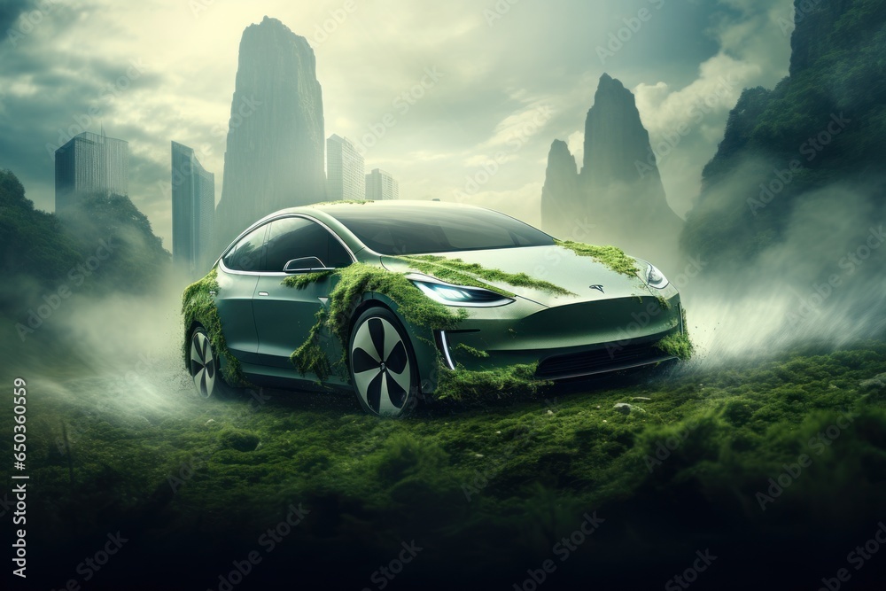 Poster a picture of a green electric car covered in grass with a city in the background. this image can be 