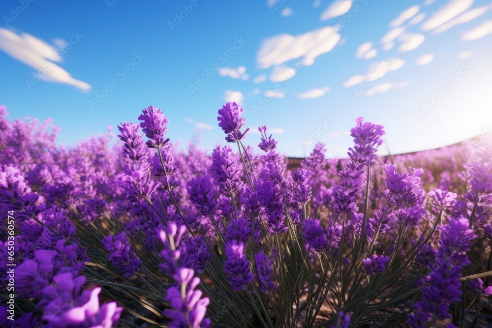 Poster A beautiful field of purple flowers under a clear blue sky. Perfect for adding a touch of color and serenity to any project.