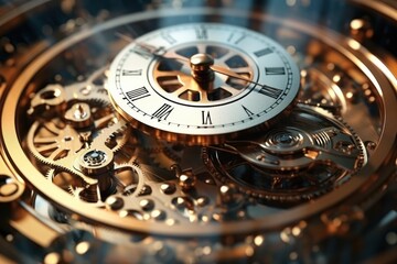 A detailed close-up view of a clock with visible gears. This image can be used to depict precision, time management, mechanical devices, or the concept of time passing. - obrazy, fototapety, plakaty