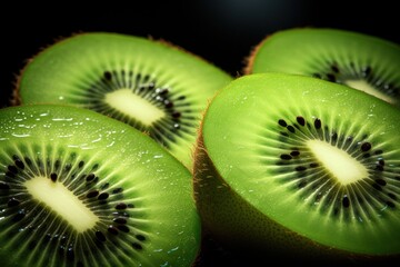 A close up of a kiwi fruit sliced in half. This image can be used to showcase the vibrant colors and juicy texture of kiwi fruit. It is perfect for food-related designs and publications.