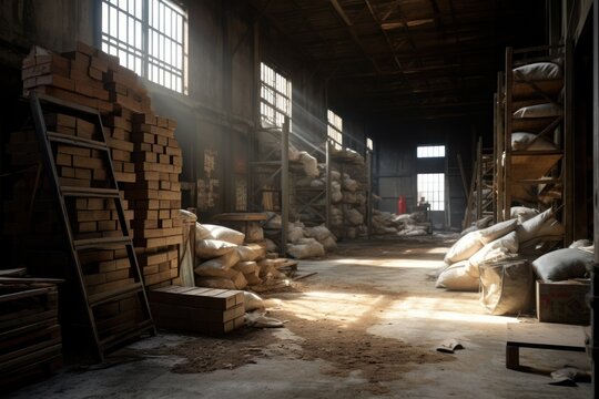 A warehouse filled with numerous bags of wood. This image can be used to showcase a large supply of wood or for illustrating the storage of wood materials.
