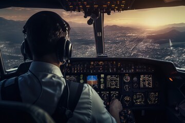 A man is seen sitting in the cockpit of a plane. This image can be used to depict aviation, flying,...
