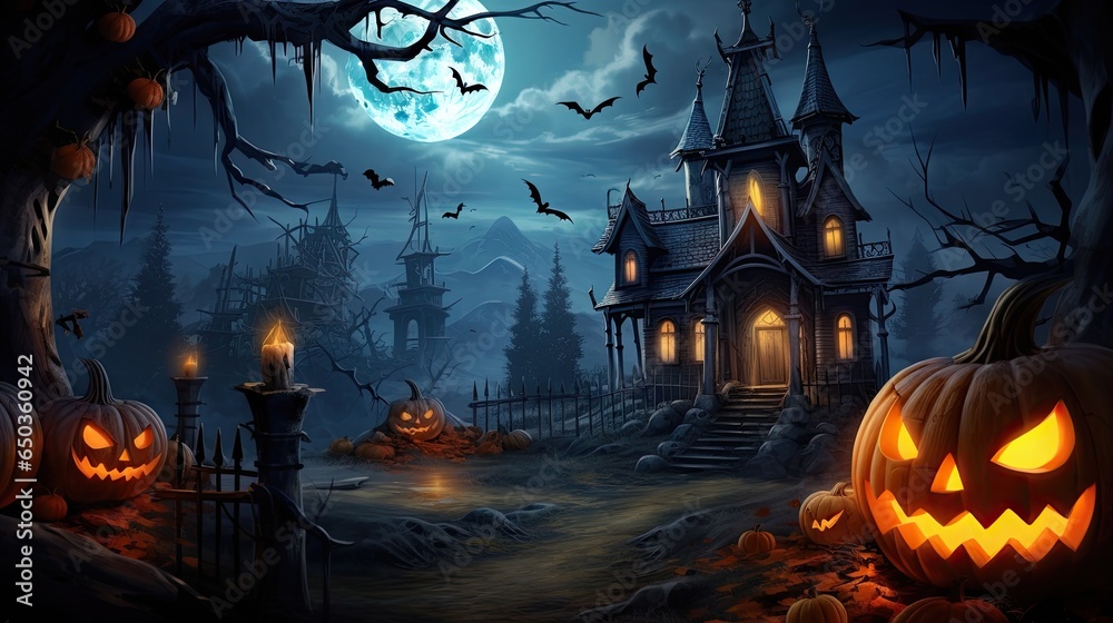 Poster a halloween scene with pumpkins and a creepy house in the background. generative ai