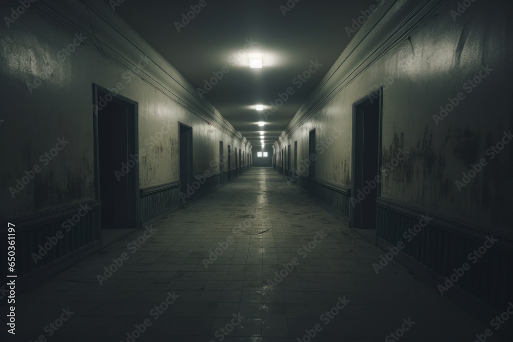 Poster a long hallway with a visible light at the end. this image can be used to depict hope, progress, or 