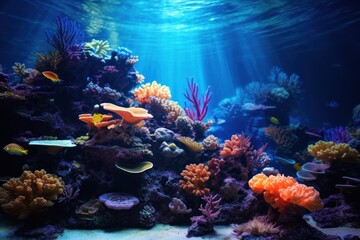 A vibrant aquarium showcasing a diverse collection of fish and corals. Perfect for adding a touch of marine beauty to any project or publication.