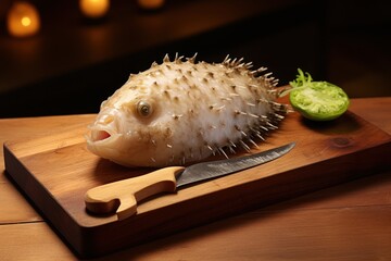A puffer fish sitting on top of a cutting board, ready to be prepared for cooking. This image can be used to depict seafood preparation or as a symbol of culinary expertise.