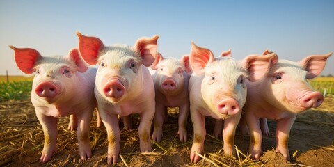 A Group Of pigs Standing Next To Each Other On A Field. Generative AI