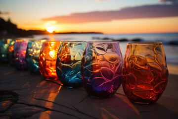 Colorful glasses on the beach, beautiful backlight at sunset - obrazy, fototapety, plakaty
