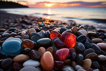 Colorful glass stones on the beach, beautiful backlight at sunset - obrazy, fototapety, plakaty