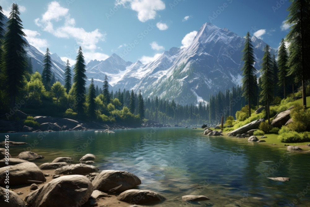 Poster a beautiful painting depicting a serene mountain lake nestled among a lush forest. this picturesque 