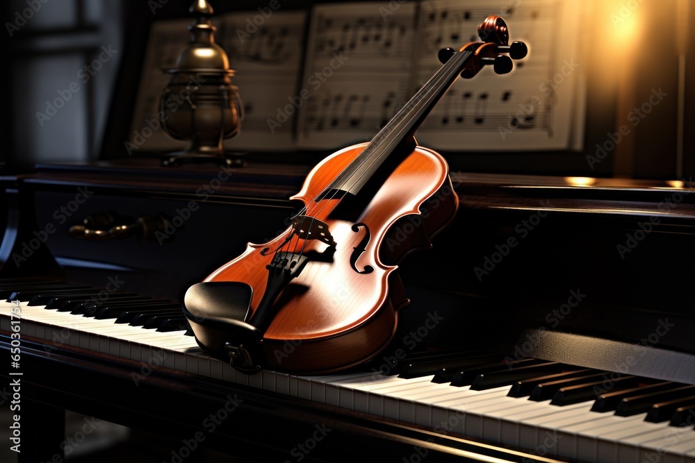 Poster a violin sitting on top of a piano keyboard. this image can be used to depict the combination of mus