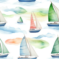 Water color sailing boat on the sea pastel colors Seamless pattern background.AI generated wallpaper, fabric backdrop and for print.