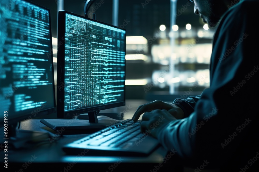 Poster A man is seen typing on a keyboard in front of two computer monitors. This image can be used to depict a professional working on a computer or technology-related concepts.