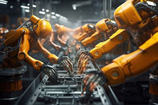 A group of robots diligently working on a machine. This image can be used to depict automation, technology, manufacturing, or industrial processes.