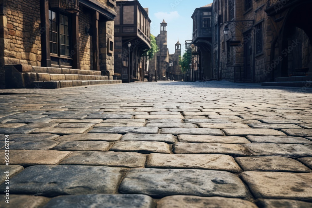 Poster a picturesque cobblestone street with a majestic clock tower in the background. this image captures 