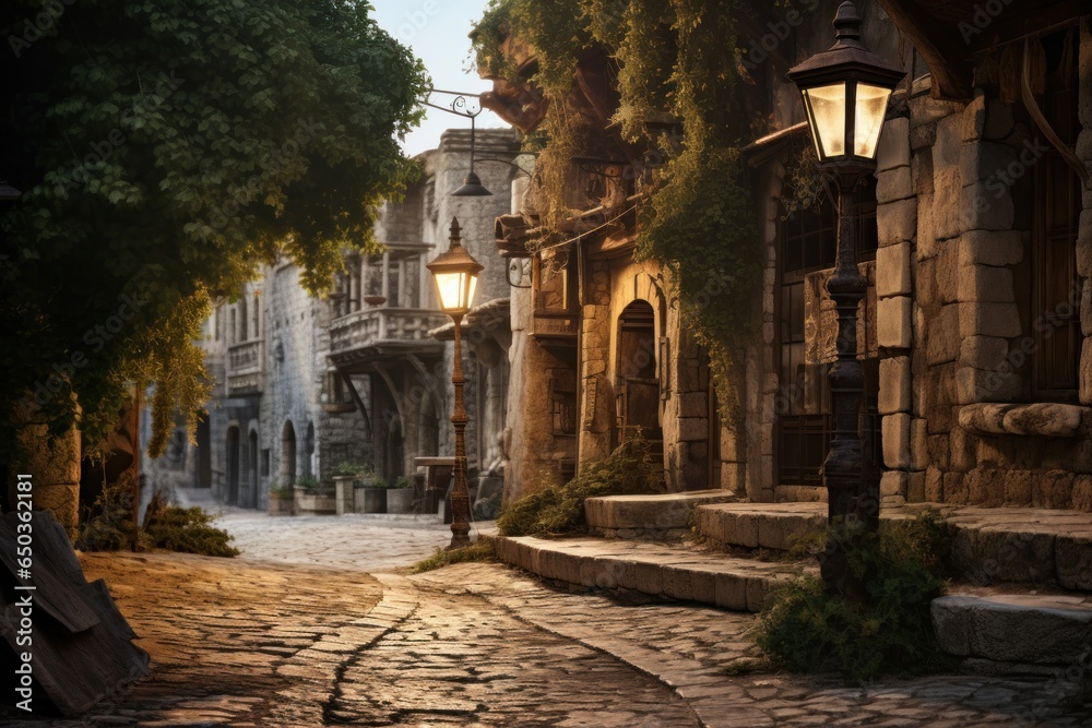 Poster a picturesque cobblestone street with a vintage lamp post and stone steps. this image can be used to