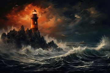 Poster Lighthouse on a stormy sea at sunset. 3D rendering, An isolated iron lighthouse shining out to sea at night as it sits on a rocky stone island being battered by huge ocean waves, AI Generated © Iftikhar alam