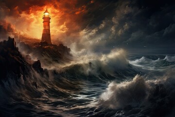 Lighthouse in stormy sea. 3D rendering. An isolated iron lighthouse shining out to sea at night as it sits on a rocky stone island being battered by huge ocean waves, AI Generated - obrazy, fototapety, plakaty