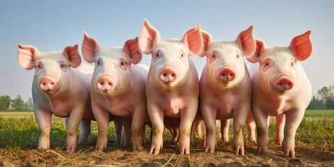A Group Of pigs Standing Next To Each Other On A Field. Generative AI