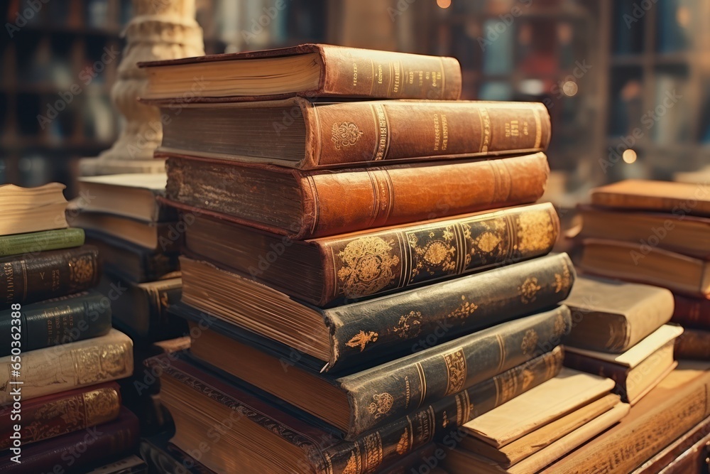 Poster a stack of books sitting on top of a table. this image can be used to represent education, learning,