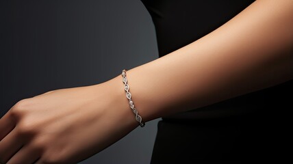 a young woman's hand gracefully adorned with a diamond bracelet, ensuring that the fine details of the jewelry sparkle against a light-toned backdrop.