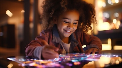 A cute smiling mixed race black girl child with an afro holding a portable tablet device futuristic technology, hologram screen, AI, chat box, robot 