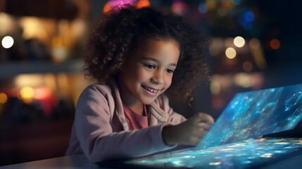 A small black girl using a futuristic technological device, hologram, AI, artificial intelligence, chat box, robot, augmented reality, virtual reality