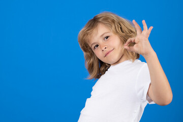 Portrait of cute smiling child with okay gesture, isolated studio background. Successful kid gesturing, excellent sign, ok gesture.