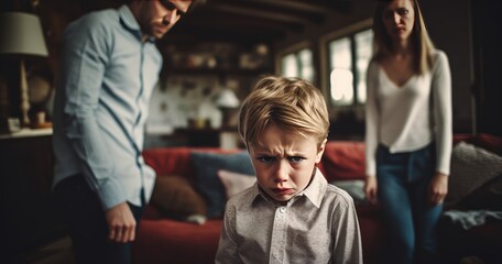 A Moment of Strife Young Boy's Defiance in Family Setting - obrazy, fototapety, plakaty