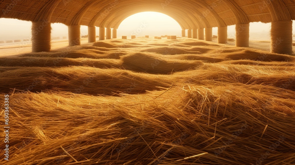 Poster a tunnel of hay with the sun shining in the distance. generative ai