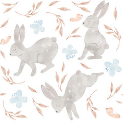 Hand drawn watercolour rabbits and florals seamless pattern