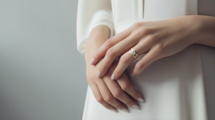 the graceful hand of a bride wearing a diamond engagement ring, with a focus on minimalism and light colors to accentuate the beauty of the moment.