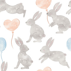 hand drawn watercolour bunnies and balloons seamless pattern