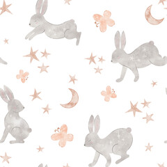 Cute watercolour bunnies, moon, stars and butterflies seamless pattern
