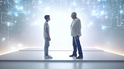 young man patiently guiding an older man in using a smartphone, set in a minimalist interior with light colors, symbolizing the harmonious bridge between generations through technology.