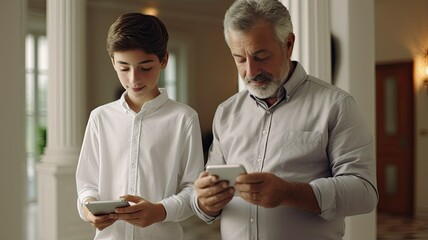 young man patiently guiding an older man in using a smartphone, set in a minimalist interior with light colors, symbolizing the harmonious bridge between generations through technology.