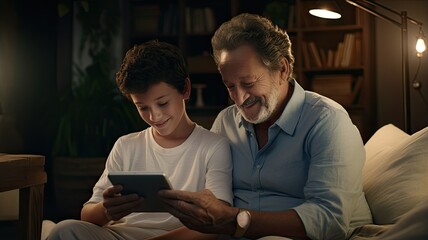 young man patiently guiding an older man in using a smartphone, set in a minimalist interior with light colors, symbolizing the harmonious bridge between generations through technology.