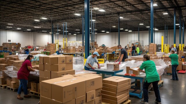 diverse group of smiling volunteers comes together to pack food in boxes for distribution at a refugee assistance center