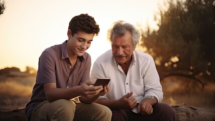 young man patiently guiding an older man in using a smartphone, set in a minimalist interior with light colors, symbolizing the harmonious bridge between generations through technology.