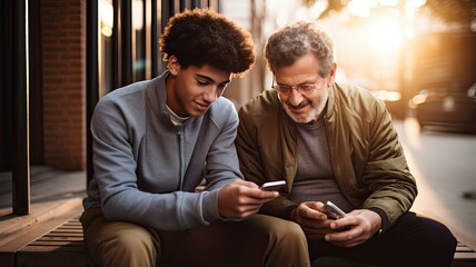 young man patiently guiding an older man in using a smartphone, set in a minimalist interior with light colors, symbolizing the harmonious bridge between generations through technology.