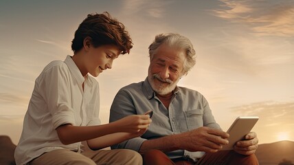 young man patiently guiding an older man in using a smartphone, set in a minimalist interior with light colors, symbolizing the harmonious bridge between generations through technology.