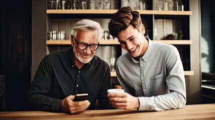 young man patiently guiding an older man in using a smartphone, set in a minimalist interior with light colors, symbolizing the harmonious bridge between generations through technology.