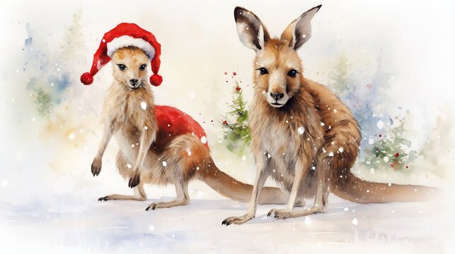  a painting of two kangaroos wearing santa hats in the snow.  generative ai