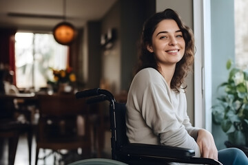 Smiling woman sitting in wheelchair at home