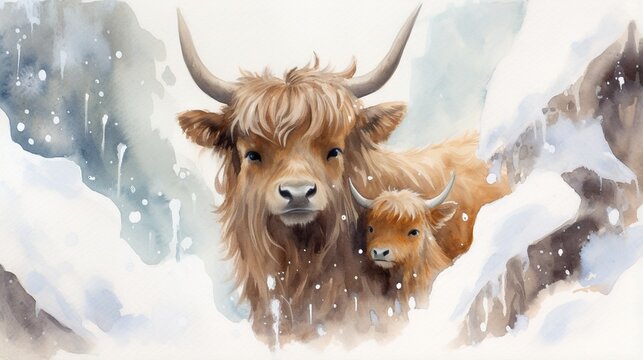  a painting of a mother and baby bison in the snow.  generative ai
