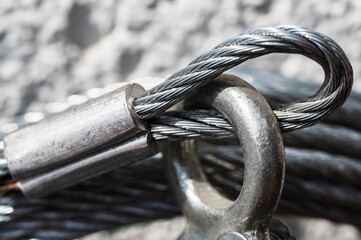 Details of metallic wire and hook. Texture and macro close up about industry. - 650364135