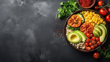  a bowl of food with avocado, tomatoes, corn, tomatoes, corn and tomatoes.  generative ai - obrazy, fototapety, plakaty