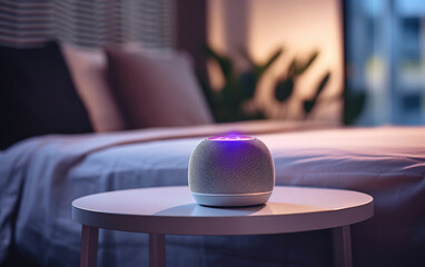 View of a smart voice assistant for home inside a bedroom