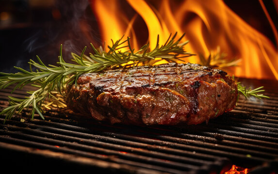 Closeup of a hamburger being grilled on a barbeque grill